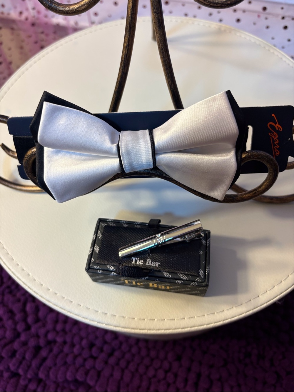 White Satin Bow Tie with Black Trim